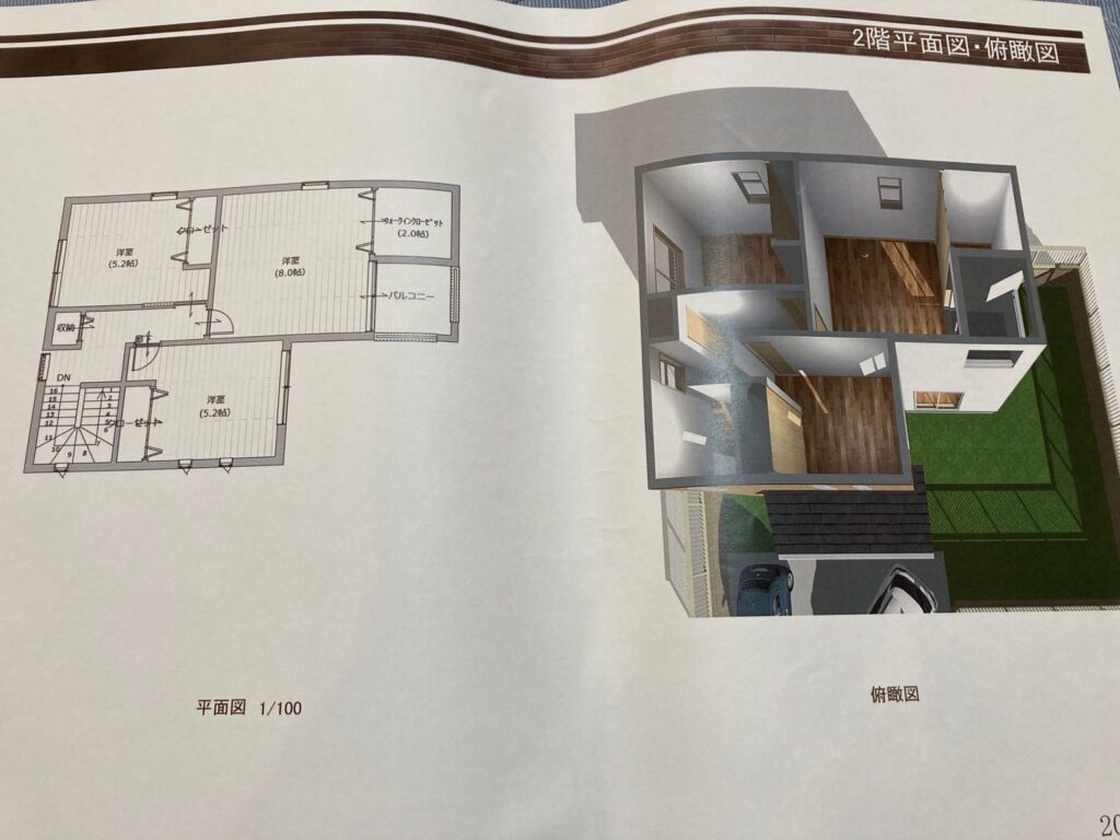和太家の「こうふくホーム」との契約前に見せてもらった仮の2階間取り図面と3D画像